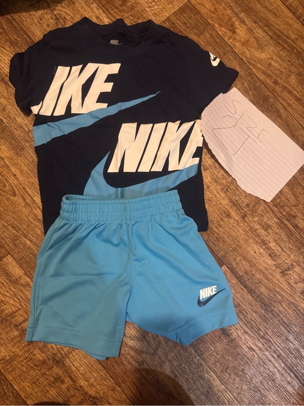 Nike Kids Light Blue Athletic Shorts with Navy Logo Tee